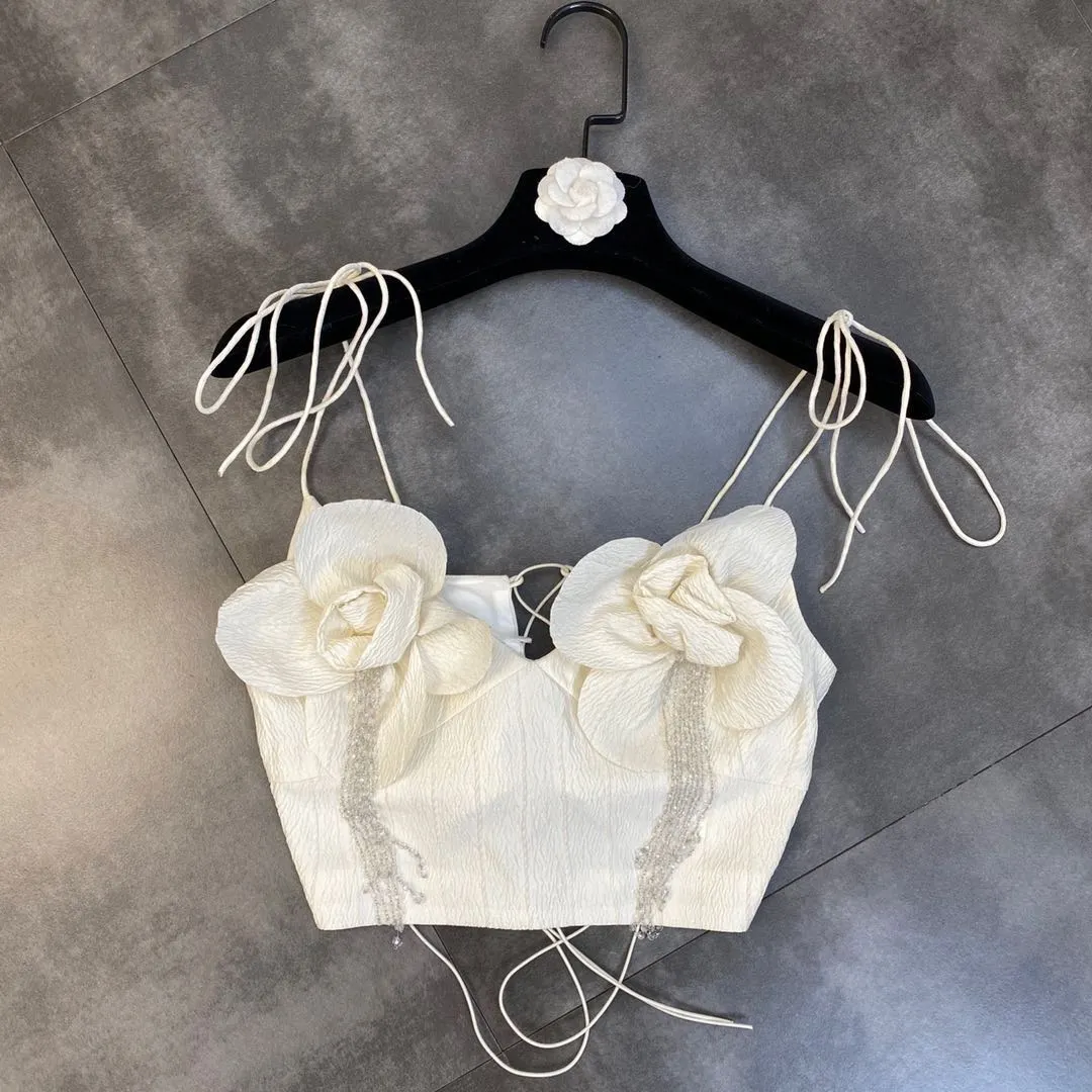 Fall Sleeveless Drawstring Bow Rhinestone Beadings Tassel Beige Camisole Women Gc709