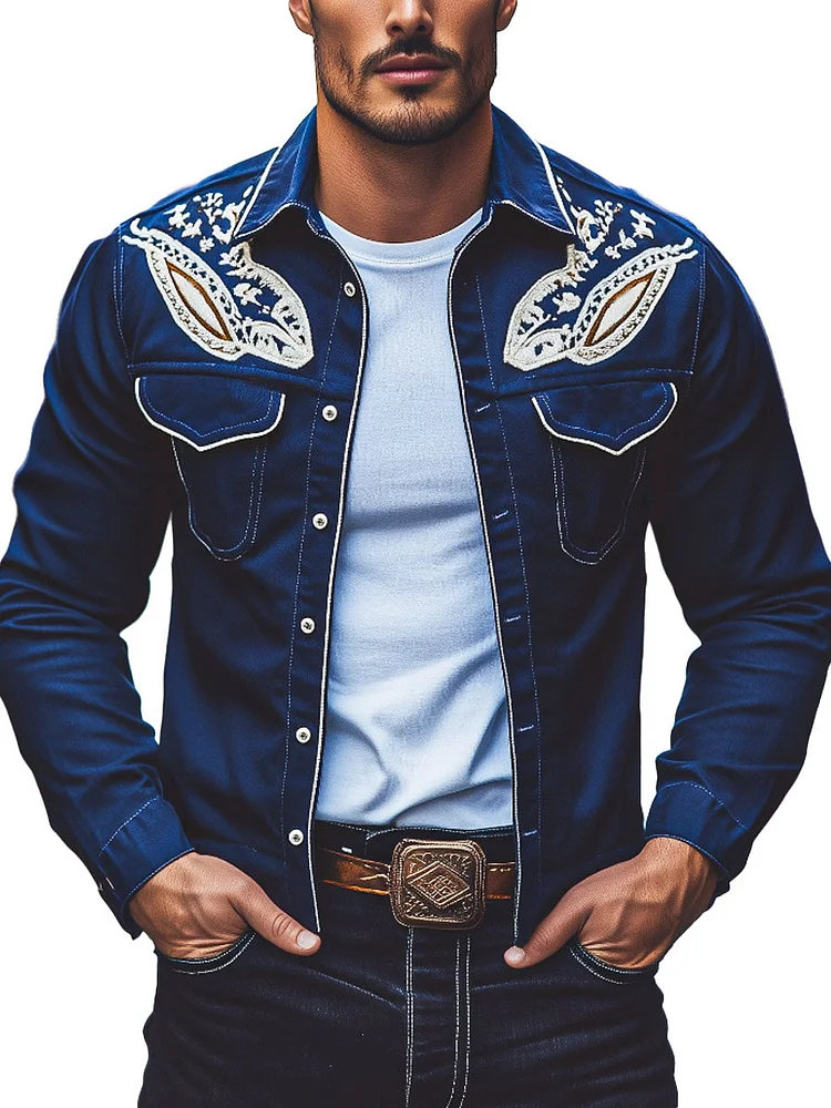 Men's Vintage Embroidered Double Pocket Casual Jacket
