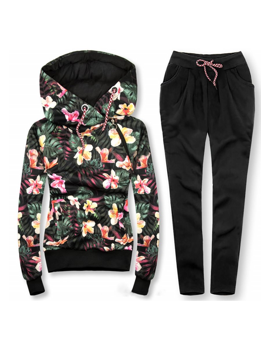 Women's Solid Zip Leaf Print Hoodie Set
