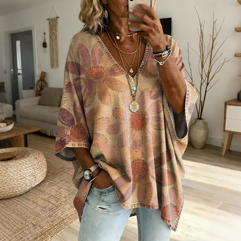Women's Vintage Floral Art Print Casual Loose Cotton Top elevenforest