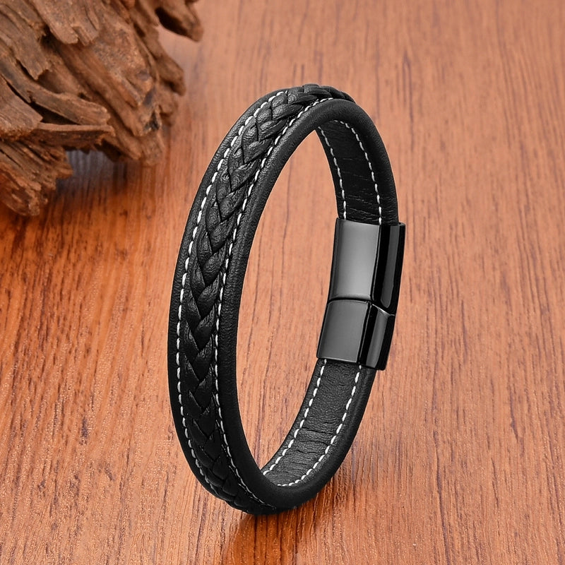 Minimalist Classic Style Commute Solid Color 316L Stainless Steel Leather Rope Unisex Bracelets