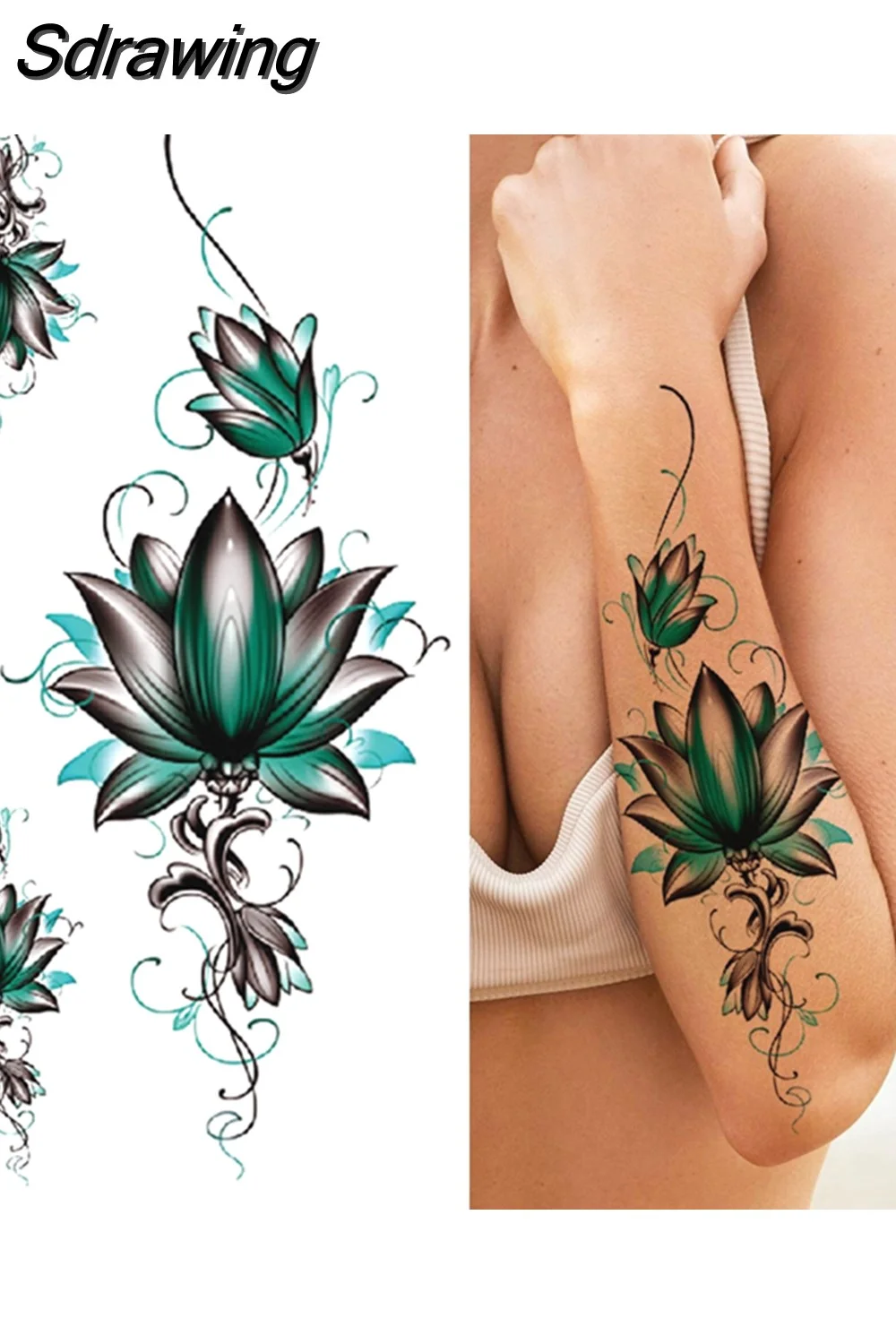Sdrawing Fake Peony Temporary Tattoos For Women Girl Black Rose Elephant Flower Tattoo Sticker Tiger Anemone Tatoos Half Sleeve 521-1