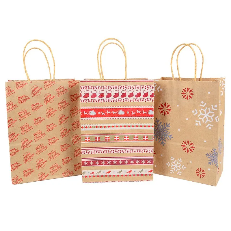 5pcs Kraft Paper Gift Bags Snowflakes Merry Christmas Candy Cookie Packaging Bag Boxes 2022 New Year Party Natal Kids Favors
