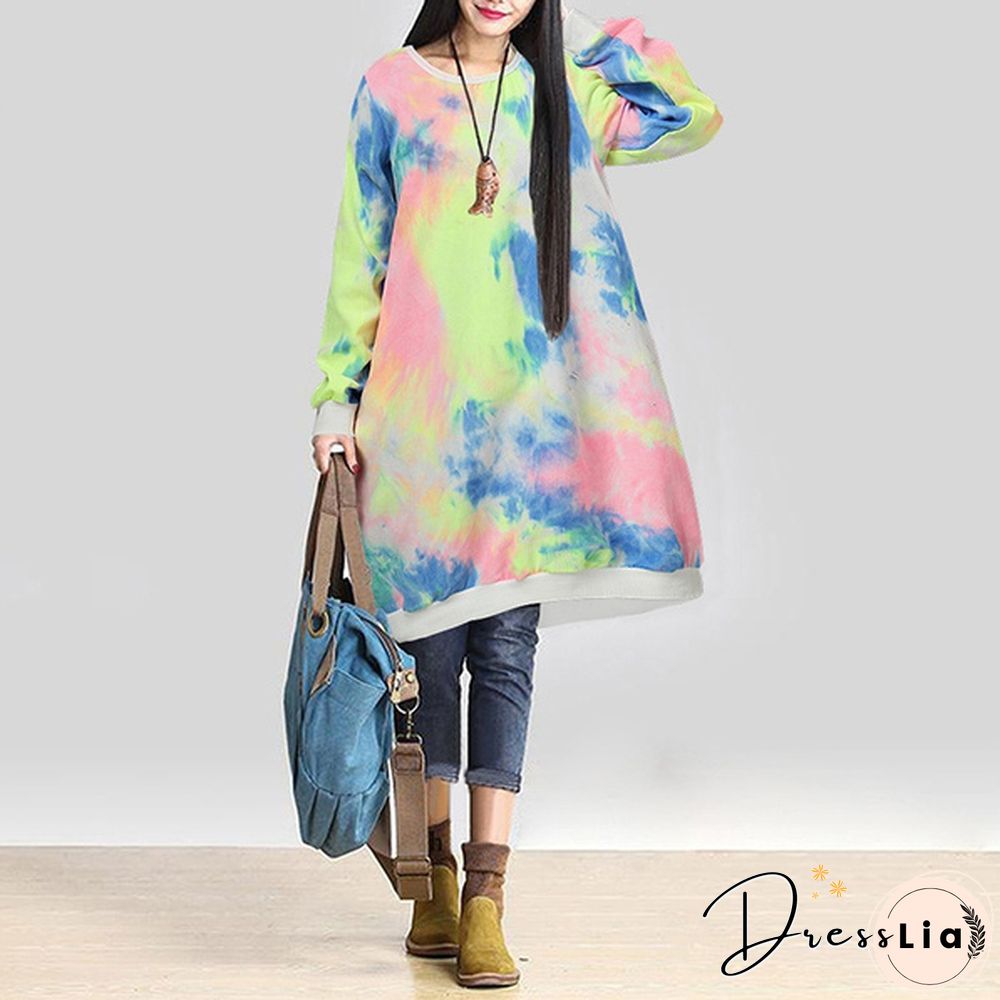 Autumn Winter Women Printed Midi Dress Tunic Long Sleeve Pockets Warm Vintage Casual Loose Long Sweatshirt Dress Plus Size