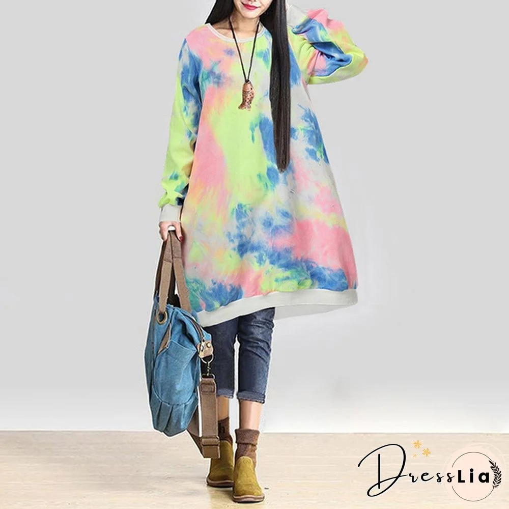 Autumn Winter Women Printed Midi Dress Tunic Long Sleeve Pockets Warm Vintage Casual Loose Long Sweatshirt Dress Plus Size