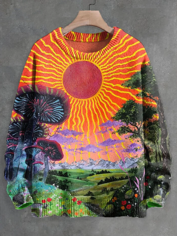 Men's Sun World Fantasy Mushroom Forest Landscape Art Print Knit Sweatshirt