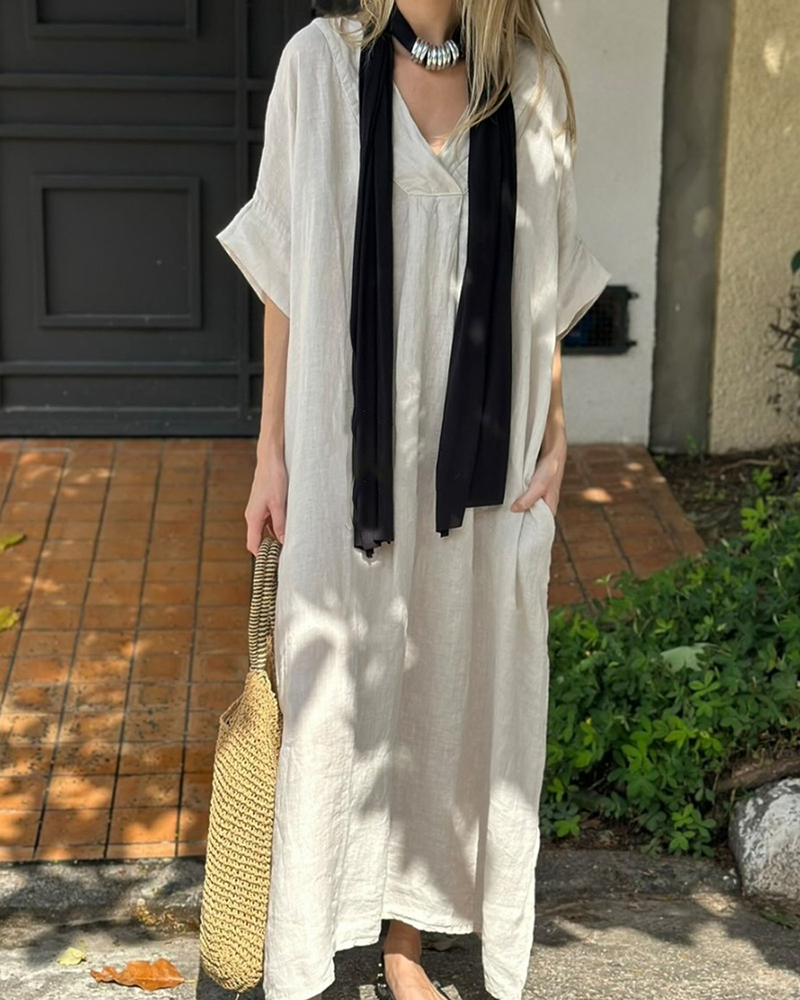 V Neck Short Sleeve Side Split Loose Maxi Dress