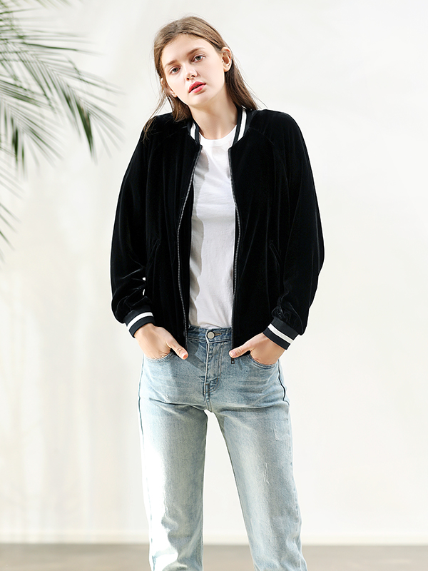 Silk Velvet Short Jacket With Basic Zipper For Women-Real Silk Life