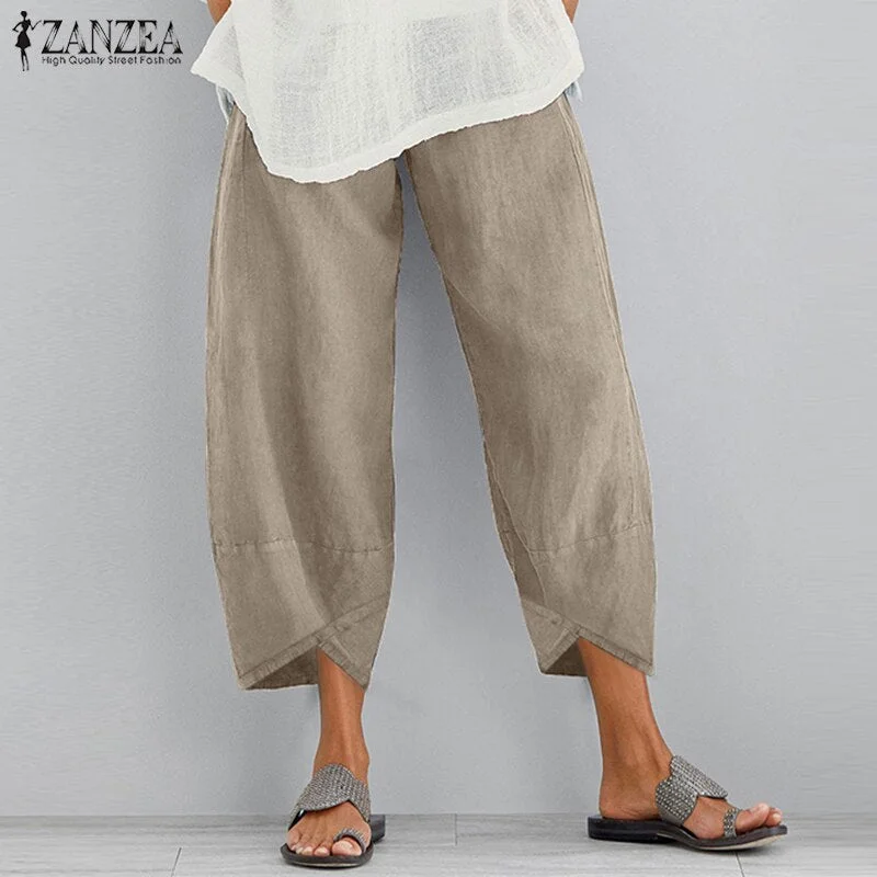 Vintage Women Cotton Linen Wide Leg Pants ZANZEA 2022 Female Asymmetric Trousers Ladies Casual Loose Pockets Elastic Waist Pants