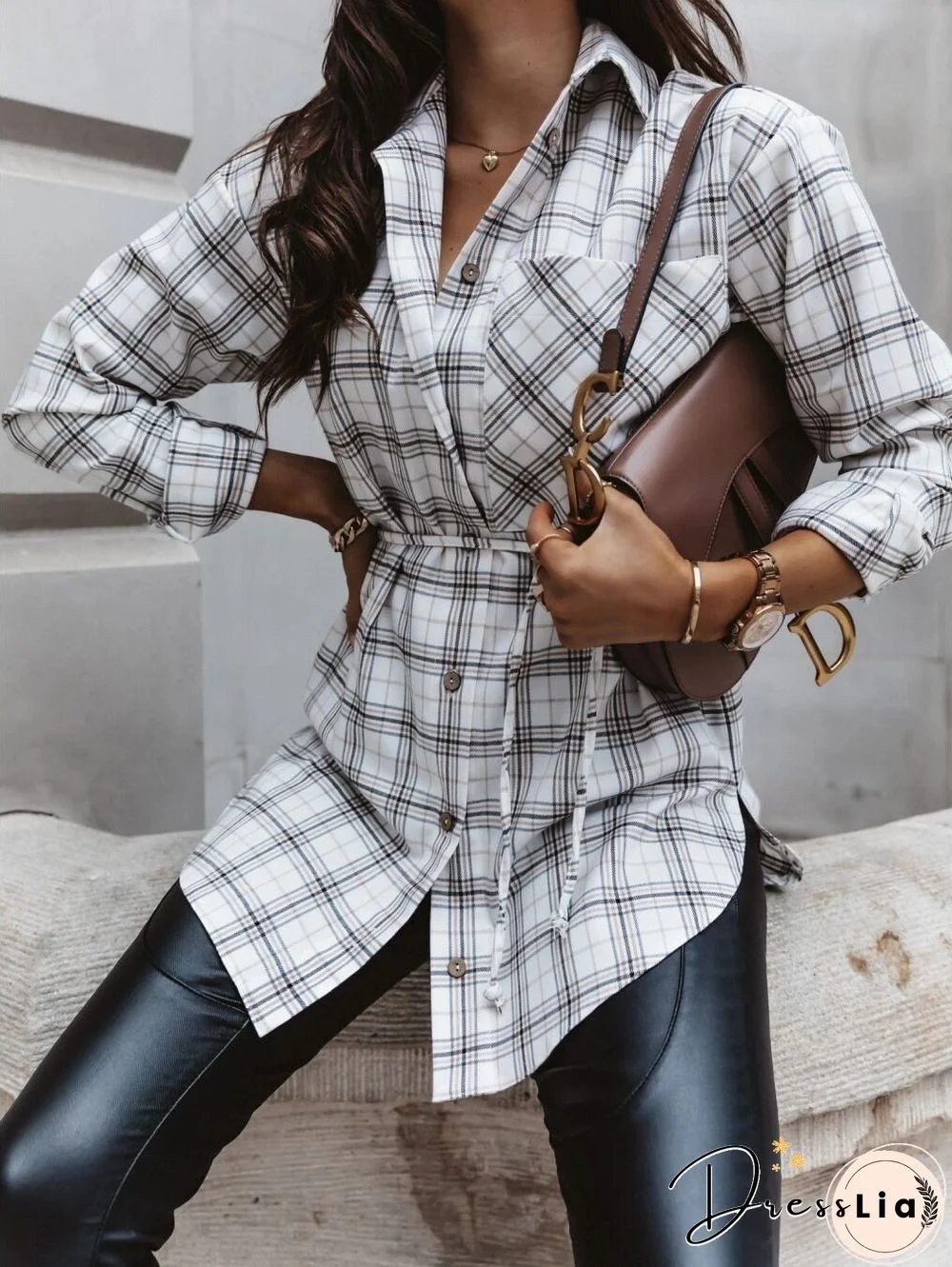 Checked Loose Long Sleeve Belted Shirt