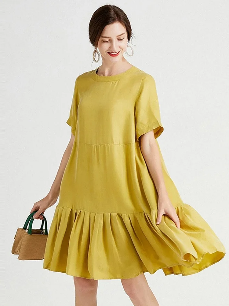 Original Solid Color Crewneck Short Sleeve Ruffled Hem A-Line Dress
