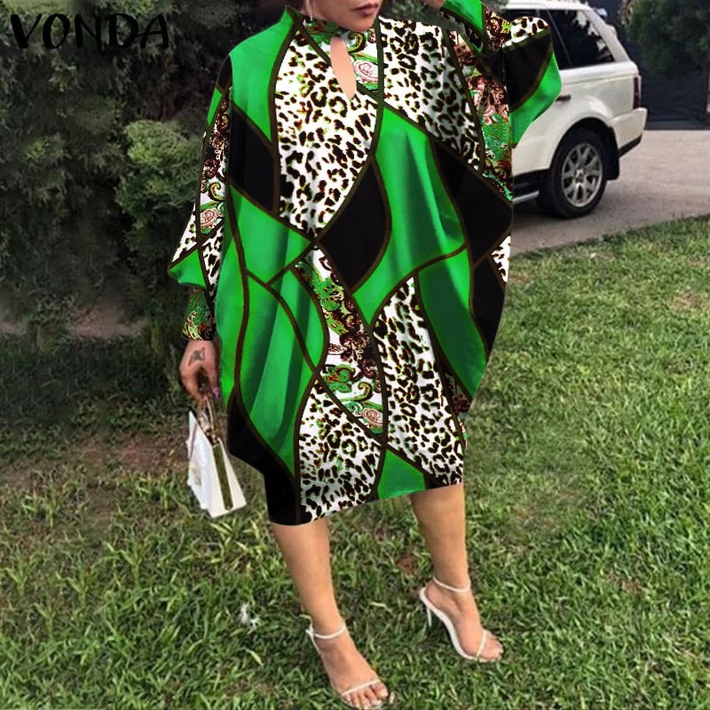 Party Dress Robe Women Long Sleeve Leopard Print Midi Dress 2022 VONDA  Autumn Casual Loose Holiday Long Shirt Vestido Oversized