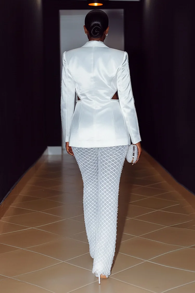 Peak Lapel Collar Satin Cut Out Top Mesh Pants 2pcs Set-White [Pre Order]