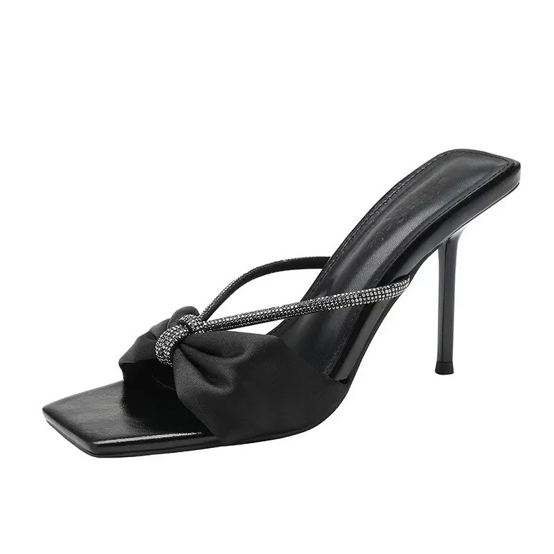 Breakj Breakj Satin Water Drill With Sandals Woman 2025 Summer New Bow Toe Wearing High-Heeled Cold Slippers
