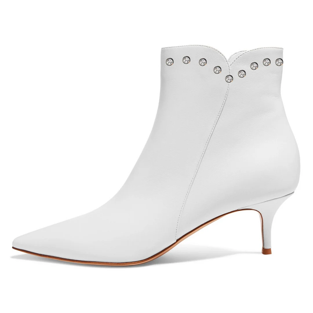 Women's Pointed Toe White Zipper Rhinestones Kitten Heeled Ankle Boots