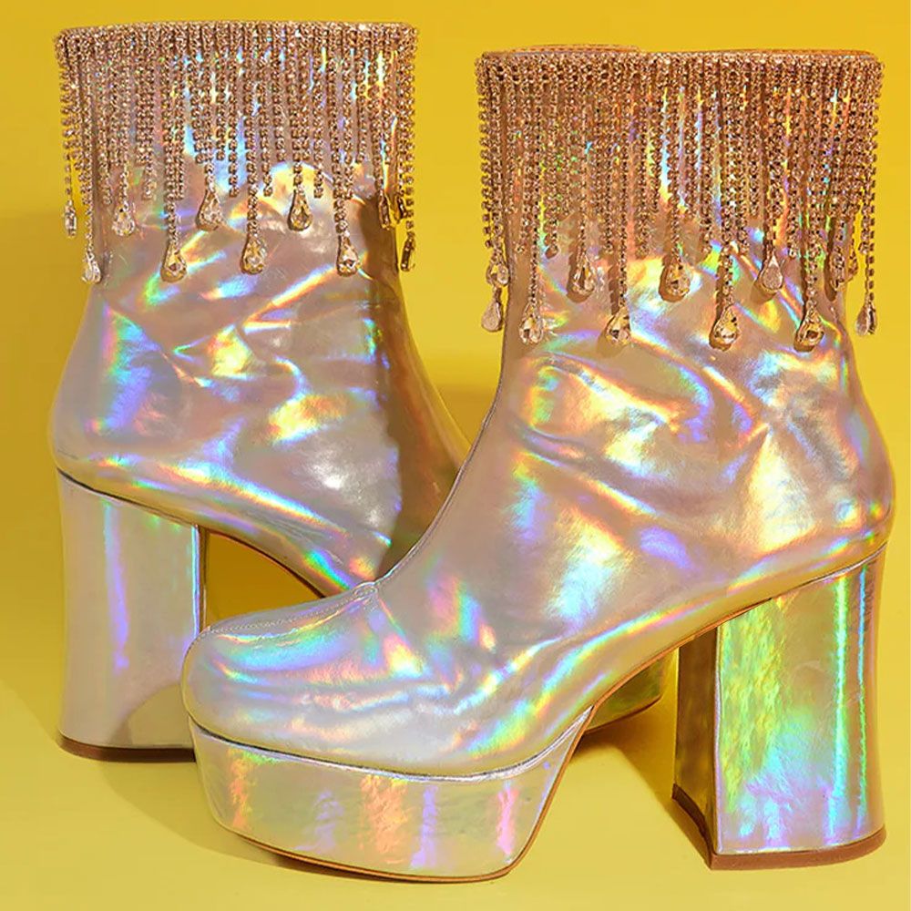 Silver Holographic Chunky Heel Platform Boots with Rhinestone Fringe Nicepairs
