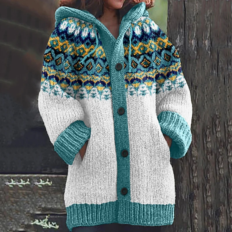 Retro Contrast Jacquard Color Block Button Cozy Sweater