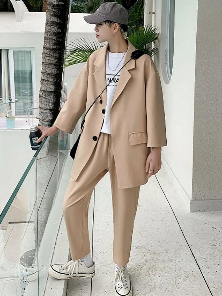 Woherb 2021 Fashion Men's Suit Three-quarter Sleeves Jacket Ankle-length Pant Black Khaki Baggy Casual Streetwear Summer Clothing Sets