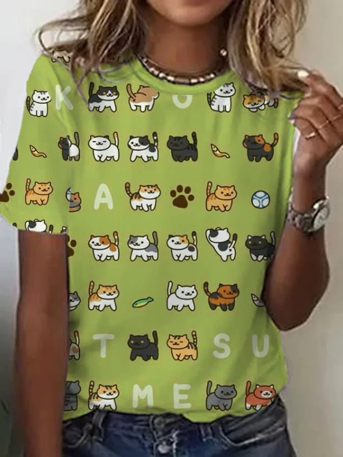 Women's Animal Cat Print Casual Round Neck T-Shirt