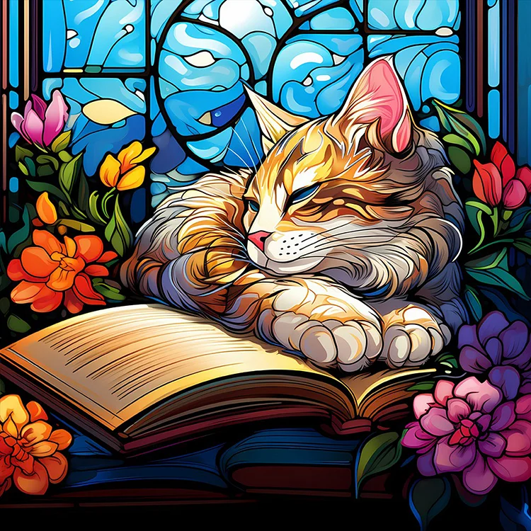 Glass Painting Of A Cat Reading A Book 30*30CM(Canvas) Full Round Drill Diamond Painting gbfke