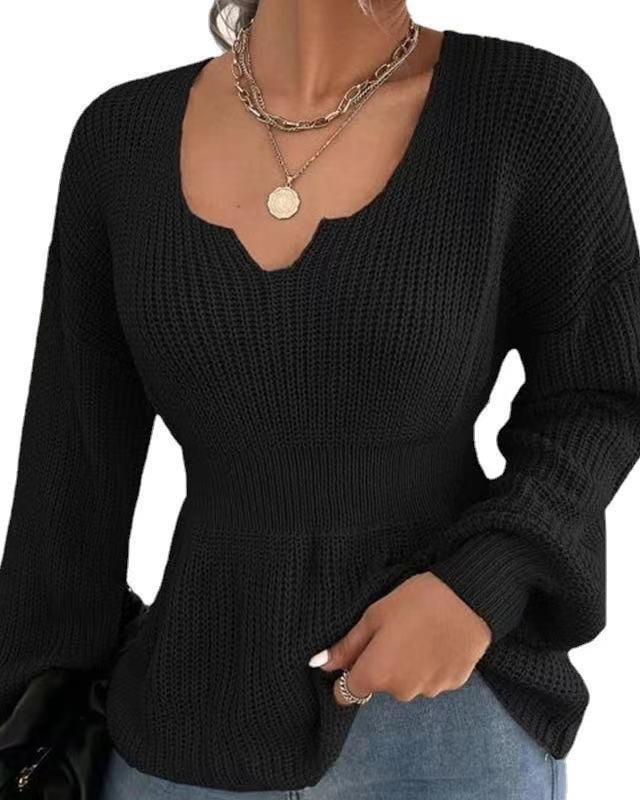Autumn/Winter V-Neck Long Sleeve Flanged Waist Solid Color Pullover