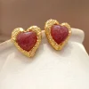 Heart Shape Natural Pink Stone Golden Earrings