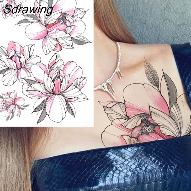 Sdrawing Lion Dahlia Temporary Tattoos For Women Adult Realistic Tiger Wolf Reindeer Snake Bird Fake Tattoo Sticker Washable Tatoos