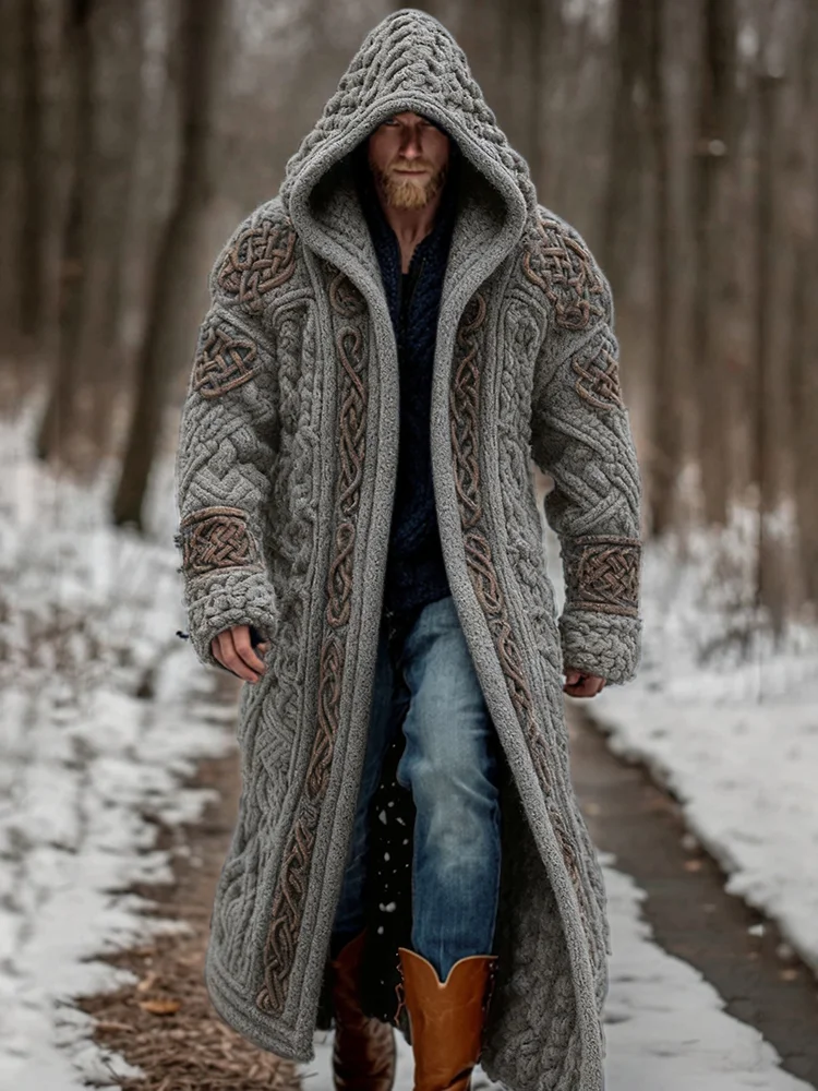 Men's Viking Celtic Knot Art Pocket Mid-length Cardigan Sweater