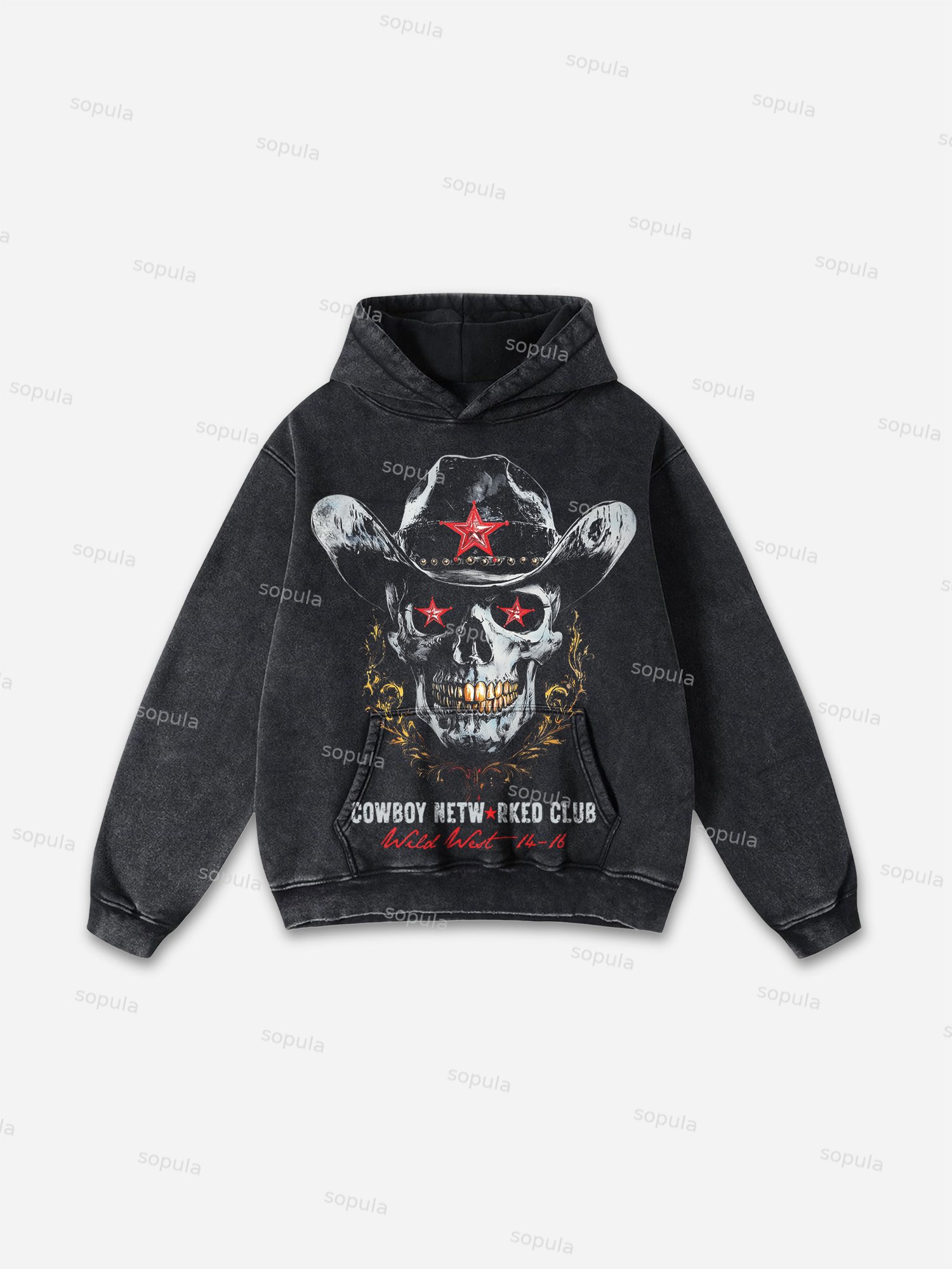 Men's Vintage Wild West Skull Graphic Washed Hoodie - SOPULA