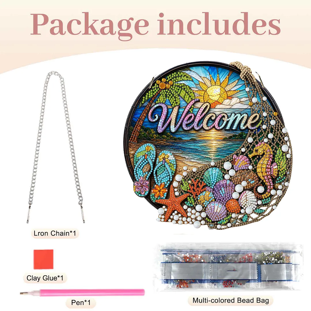 Beach Seahorse Welcome Sign 2D Flat DIY PET Diamond Painting Pendant Special Shape Hanging Gem Art Paintings Charm Single Side Drill for Adults Home Wall Window Decor