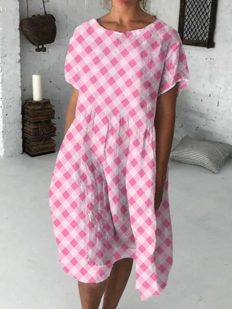 Classic Pink Check Pleated Midi Dress