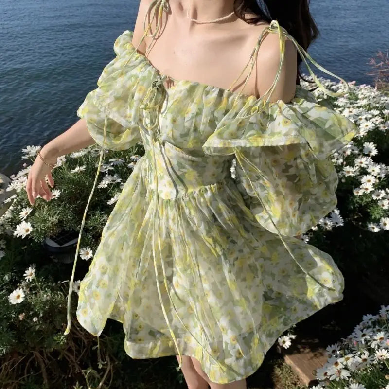 Aiertu Dress Floral Suspender Backless Ruffles Summer 2024 Sexy Elegant Dress Women Clothing Female Short Korean Beach Outfits Dress Aiertu
