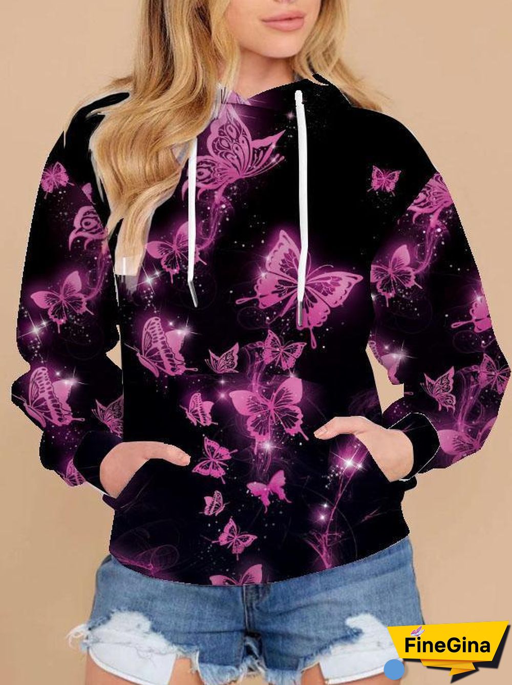 Rose Butterflies Printed Black Hoodie