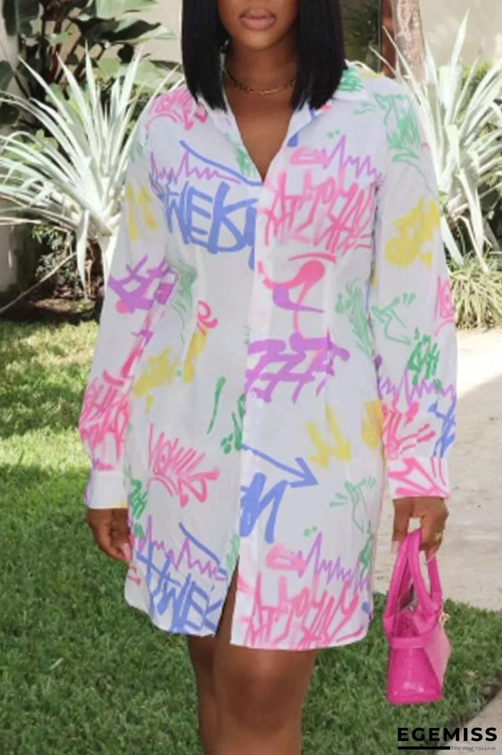 White Casual Print Patchwork Buckle Turndown Collar Shirt Dress Dresses | EGEMISS