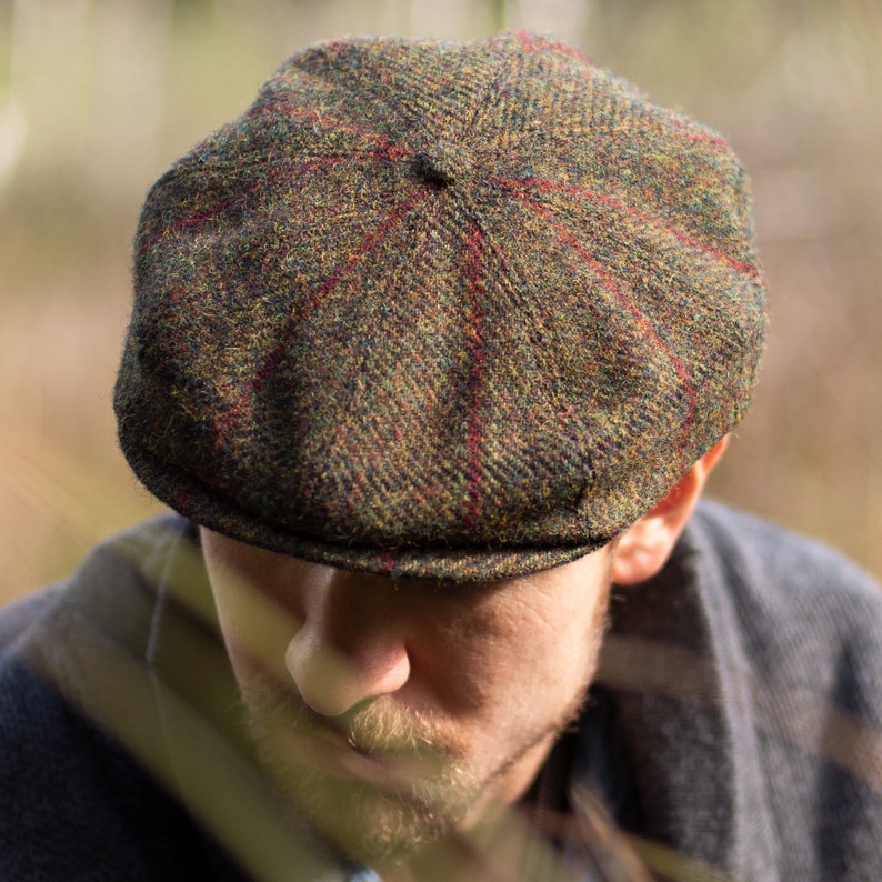 SHELBY Harris Tweed Genuine Scottish 8 Panels Newsboy PEAKED  Cap Applejack Bandit Hooligan Vintage Gangster Wool Fall Hat GREEN-RED