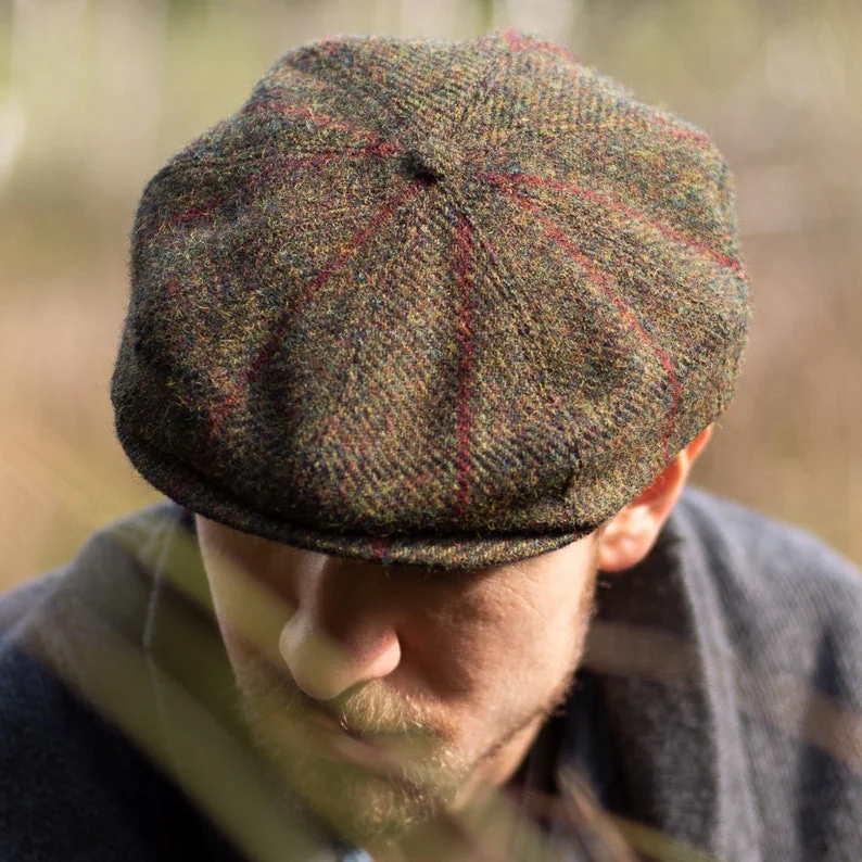 SHELBY Harris Tweed Genuine Scottish 8 Panels Newsboy PEAKED  Cap Applejack Bandit Hooligan Vintage Gangster Wool Fall Hat GREEN-RED