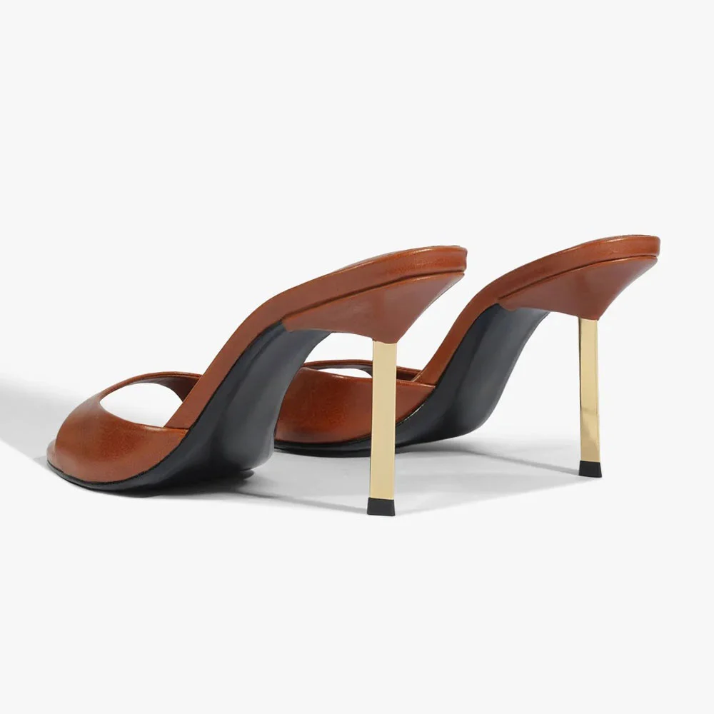 Brown Open Round Toe Slip On Women's Mules Shoes with Stiletto Heel