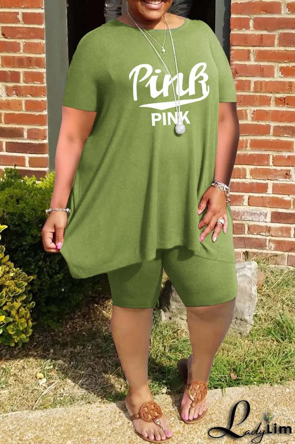 Grey Fashion Casual Letter Print Basic O Neck Plus Size Two Pieces