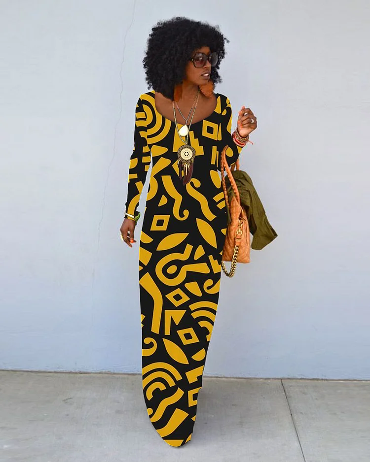 Retro Ethnic Print Crew Neck Long Sleeve Dress
