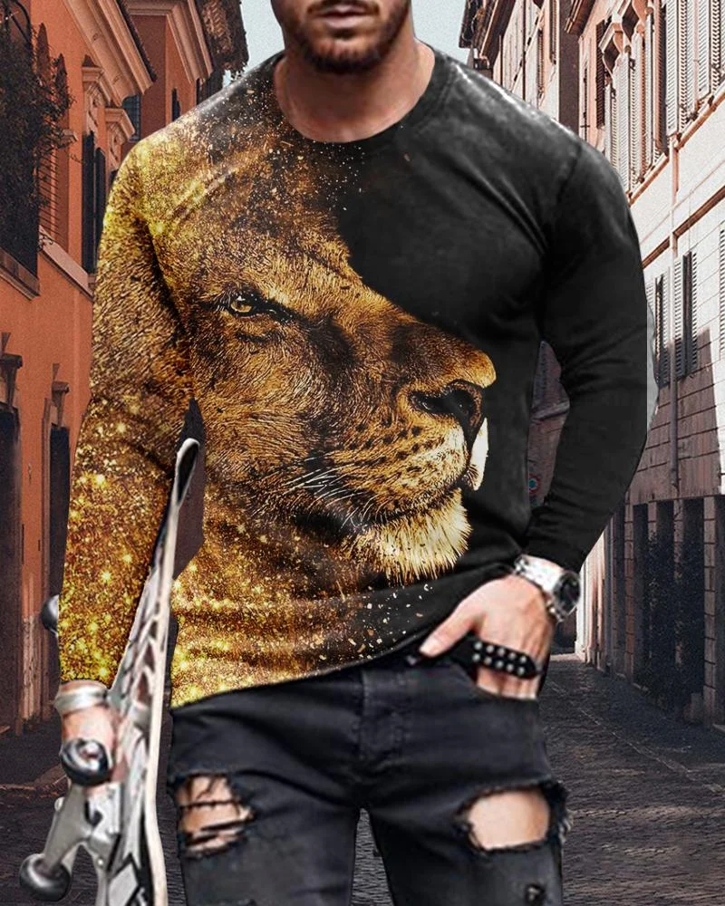 Men's Fashion Lion Printing Long-sleeved T-shirt
