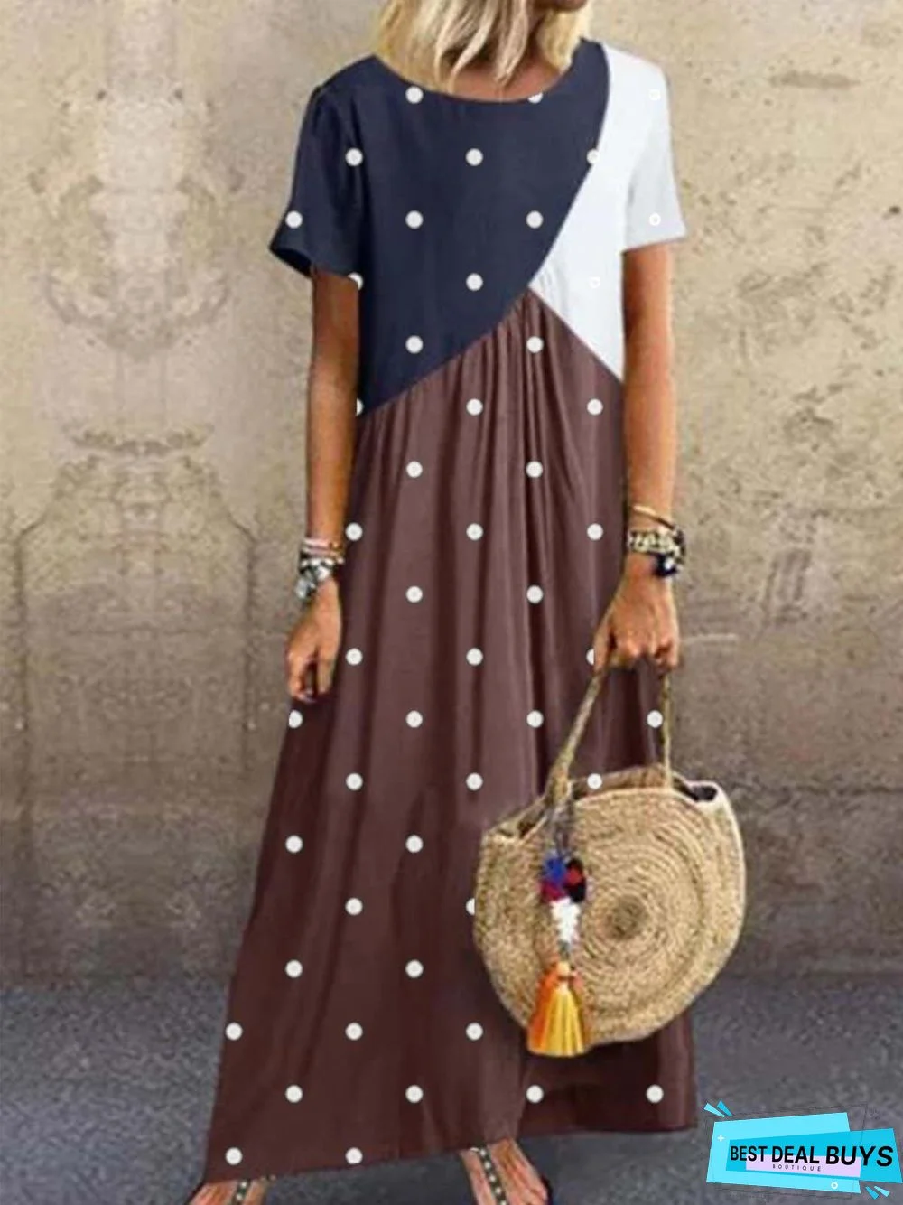 Coffee Round Neck Polka Dots Short Sleeve Knitting Dress