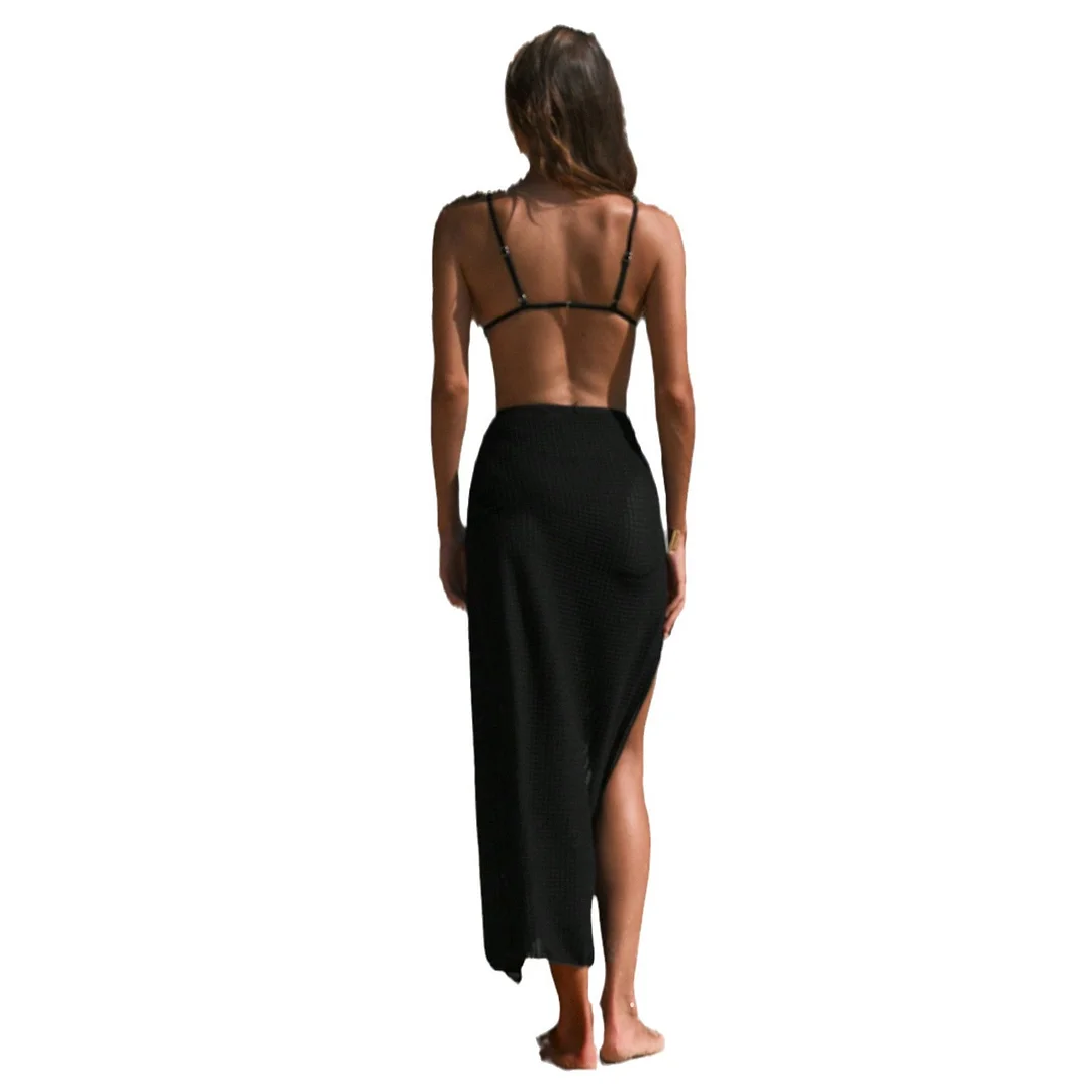 Wongn Wongn Spice Girls Small Mass Long Dress Flower Beach Set Solid Color Bikini Three-Piece Holiday Swimsuit Woman