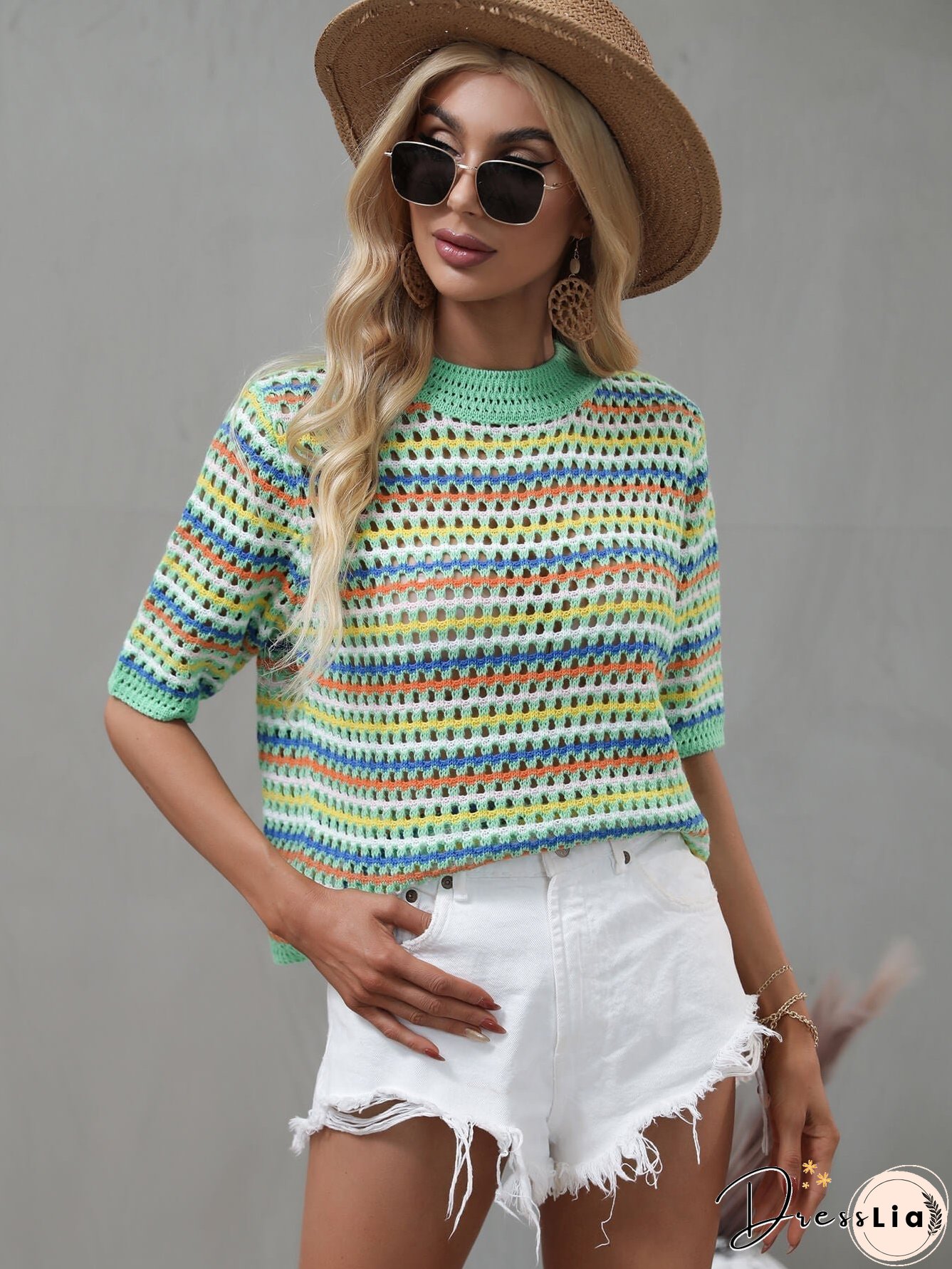 SAYLOR STRIPPED HALF SLEEVE KNIT TOP