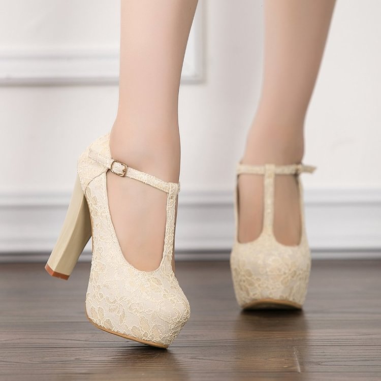 Ivory Lace Heels T Strap Wedding Shoes Chunky Heel Pumps |FSJ Shoes