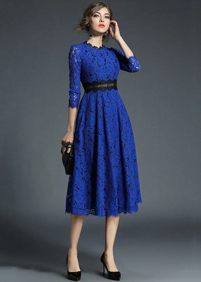 French Blue Hollow Out Embroidered Patchwork Lace Dresses Summer