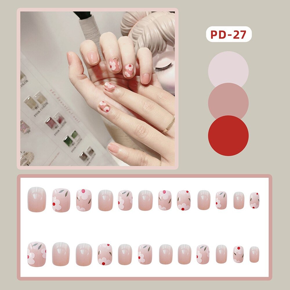 24pcs Fake Nails Medium and Long Gradient Pink Translucent Wearable Nail Stickers Finished Nails  With Glue nail extension tips