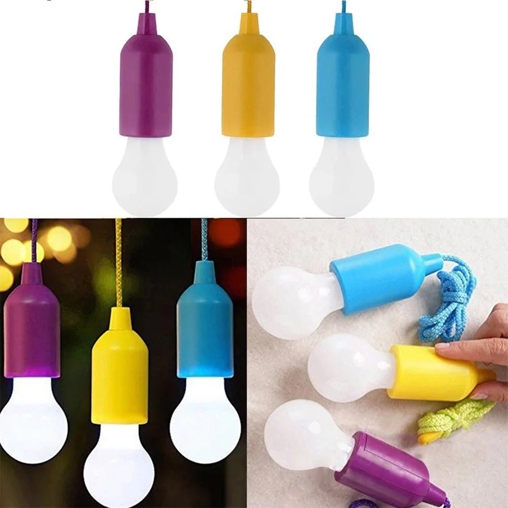 LED Hanging Light Bulb Battery Powered Colorful Pull Cord Bulbs (White)