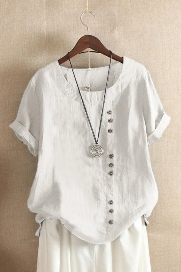 Women's Round Neck Solid Color Buttons Short Sleeves Blouse