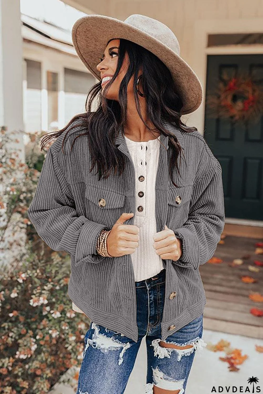 Ribbed Corduroy Long Sleeve Jacket with Pocket