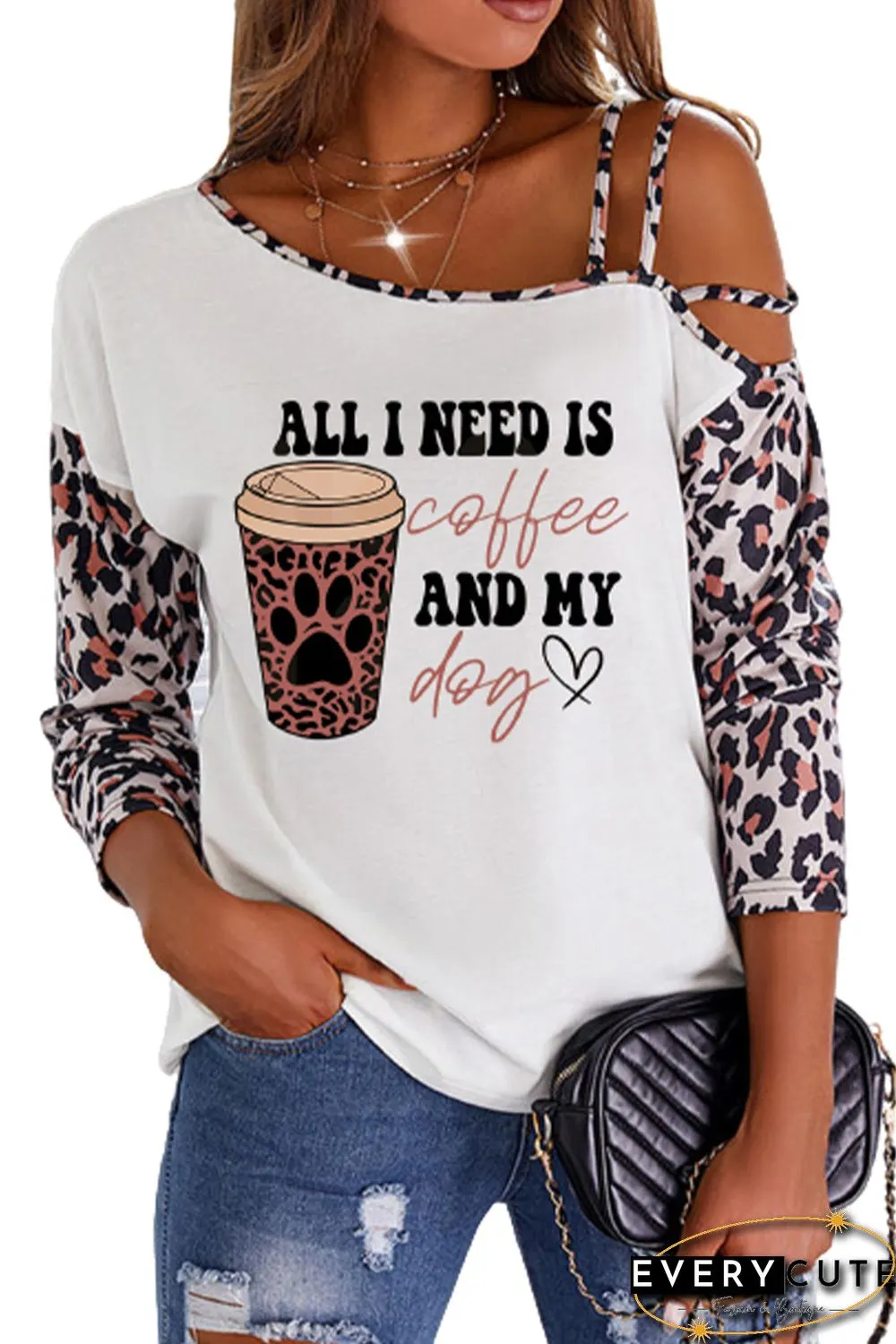 White Letter Coffee Cup Graphic Print Cut-out Leopard Long Sleeve Top